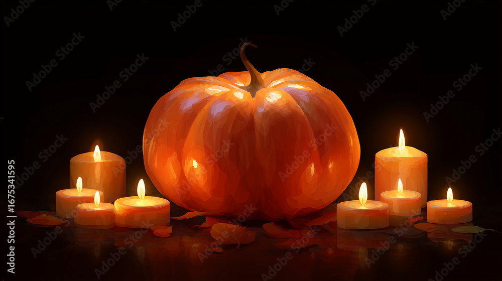 Obraz premium A glowing pumpkin surrounded by candles ,happy pumpkin, vector style