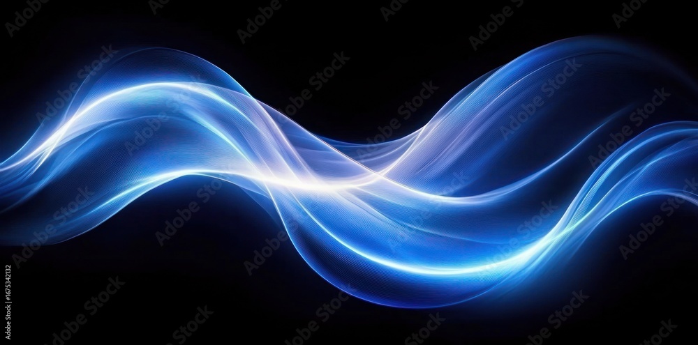 Obraz premium Smooth glowing blue wave curves flowing over a dark background creating an abstract, futuristic light effect