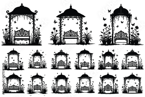 Black silhouette garden gazebos with benches and butterflies 1