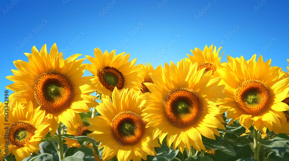 Obraz premium A sunflower field under the blue sky and white clouds