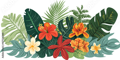 Vibrant tropical flower arrangement with lush greenery and exotic foliage