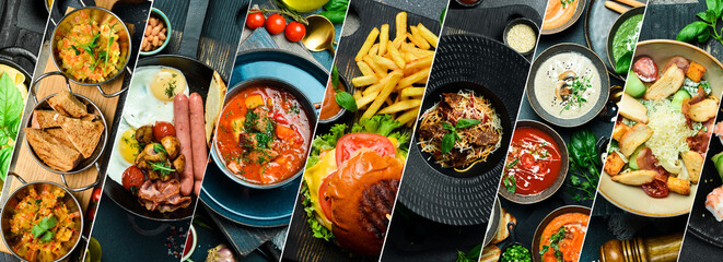 Background of food dishes and snacks. Photo collage, banner from photos.