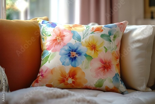 Soft decorative pillow with colorful floral watercolor pattern placed on white cushioned sofa with warm sunlight in cozy living room