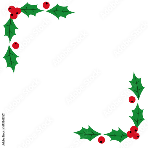 Logo adorno de Navidad. Marco con hojas y bayas de acebo como esquina para felicitaciones y tarjetas
