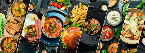 Background of food dishes and snacks. Photo collage, banner from photos.