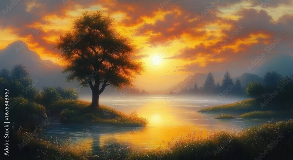 Fototapeta premium Serene sunset over calm lake with solitary tree on small island surrounded by grass, misty mountains, and warm clouds reflecting on water