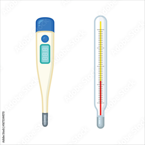 Glass mercury thermometer and digital thermometer side used for measuring body temperature kawaii doodle flat 2D cartoon vector illustration