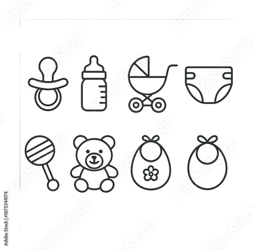 Baby essentials outline: pacifier, bottle, stroller, diaper, rattle, teddy, bibs