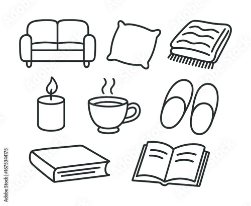 Cozy home essentials: sofa, pillow, blanket, candle, cup, slippers, books
