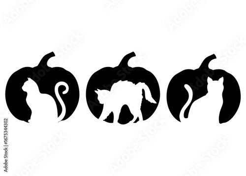 Set de siluetas de calabazas con gatos sentados y con la espada arqueada para felicitaciones y tarjetas para el día de acción de gracias o Halloween 