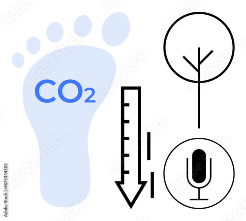 Blue footprint with CO2, thermometer with downward arrow, tree symbol, and microphone. Ideal for climate action, sustainability, emission reduction, eco-awareness, green technology environmental