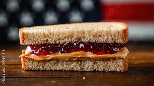 Close-up of a peanut butter and jelly sandwich on whole wheat bread with an American flag blurred in the background