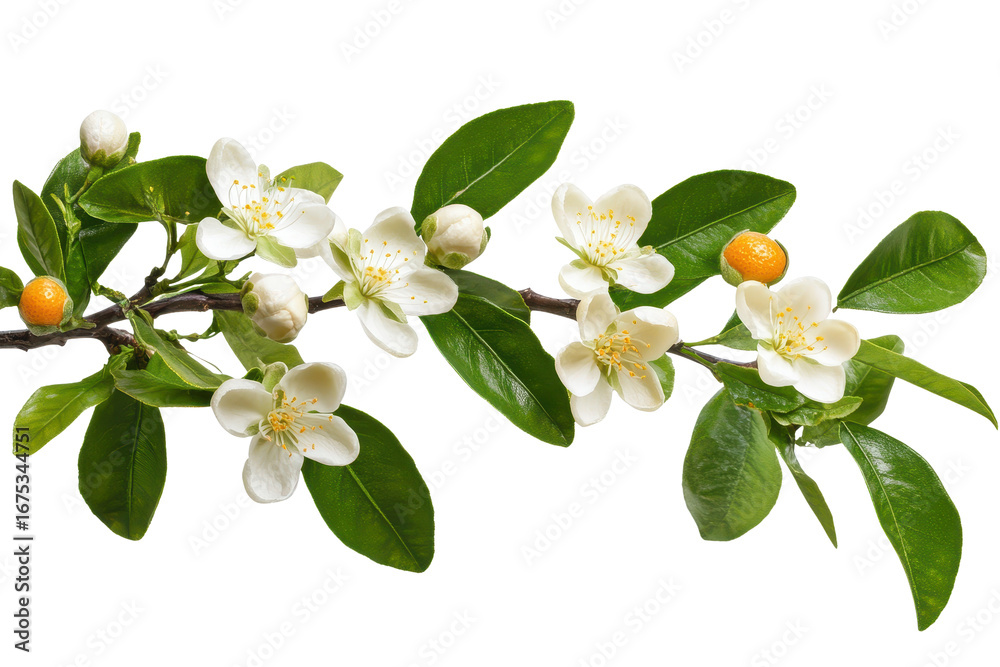 Obraz premium Blossoming orange tree branch showcasing white flowers and bright fruit in detail, highlighting the beauty of spring growth and nature's bounty