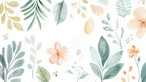 Soft watercolor botanical illustration with delicate peach flowers and green leaves on white background