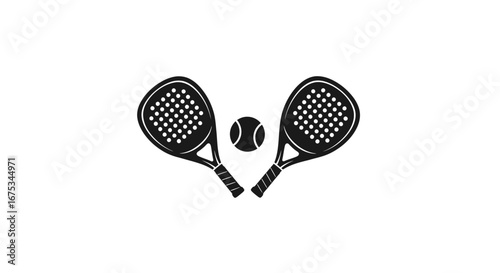 Graphic design with two padel rackets and one ball on white background