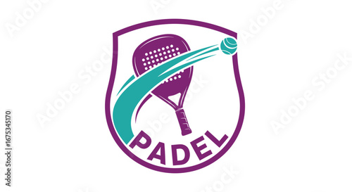 Dynamic padel sport insignia showcasing swift ball motion on a white field