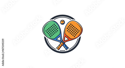 Vibrant padel equipment emblem, sporty competition, recreational activity logo