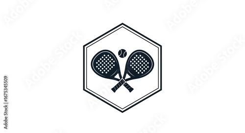 Minimalist insignia design showcasing crossed padel rackets and a centered ball