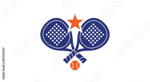 Padel sport emblem with rackets, star, and ball for brand design symbol