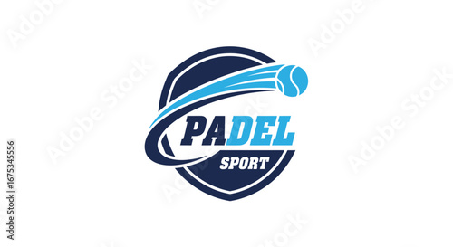 Dynamic padel sport logo design featuring a stylized ball and shield emblem