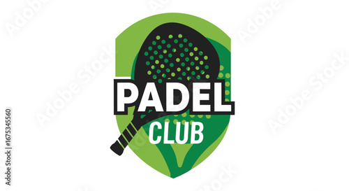 Dynamic padel club logo design featuring a racket silhouette and green shield