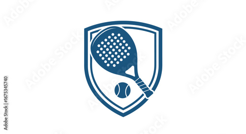 Padel racket and ball on shield, for championship emblems or sporting logos