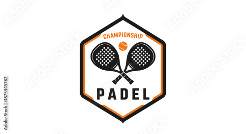 Padel championship emblem with crossed rackets and ball in a modern style