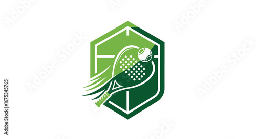 Dynamic emblem portraying a paddle sport racket, conveying velocity motion