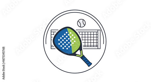 Simplified padel concept illustration showcasing sport equipment in a roundel