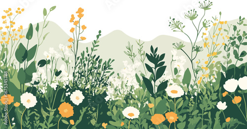 Whimsical hand drawn meadow with wildflowers and rolling hills in soft pastel colors