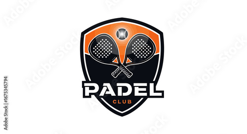 Dynamic padel club emblem showcasing crossed paddles and ball in sleek design