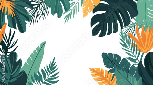 Vibrant tropical foliage border with lush green and orange leaves on white background