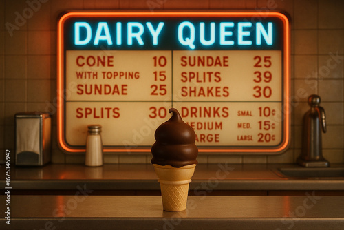 A vintage Dairy Queen counter with a perfectly swirled vanilla cone, dipped in chocolate shell, set against a neon-lit menu board