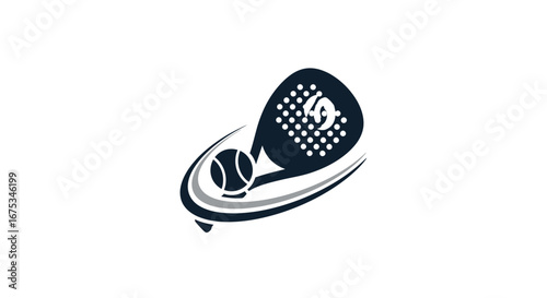 Stylized emblem showcasing padel sport equipment and dynamic motion trails