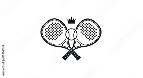 Padel sport emblem with rackets, ball and crown in monochrome style art