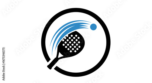 Dynamic padel tennis logo showcasing swift racket swing and airborne ball motion