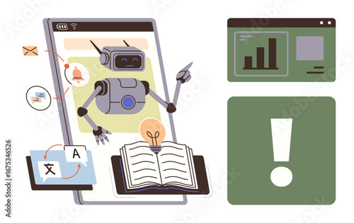 Robot providing data insights on charts, language translation via AI, notifications, and knowledge from an open book. Ideal for technology, education, analytics, automation, AI learning innovation