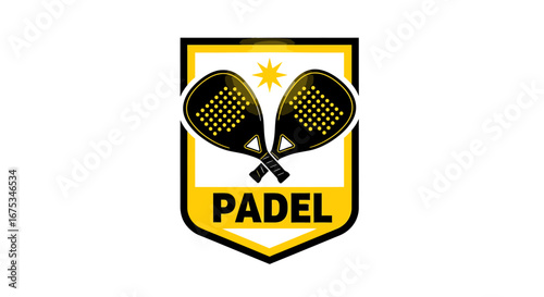 Modern Padel Sport Logo Design with Black Rackets on a Gold Crest Emblem