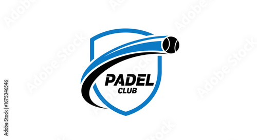 Dynamic padel club emblem portraying motion and energy with a shield design