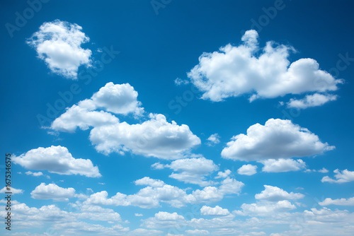 Fluffy white cumulus clouds scattered across a vibrant blue sky on a clear day.