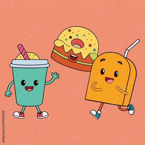 Vector art of cartoon donut, drink, and toast characters are smiling and waving hands