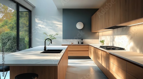 Modern kitchen interior with natural light, wooden cabinetry, marble countertops, built-in stove, black sink faucet, large window overlooking greenery, and minimal decor
