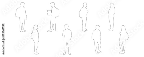 Outline drawing collection of students standing in casual everyday poses, holding books, backpacks, or laptops, talking with friends, waiting, and reading, clean black line vector illustration set for