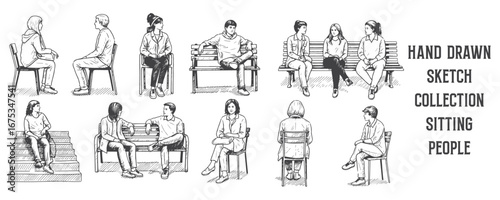 Hand drawn sketch collection of people sitting in various casual poses, black ink pen drawing style vector illustration, minimal outline design for architectural drawings and presentations
