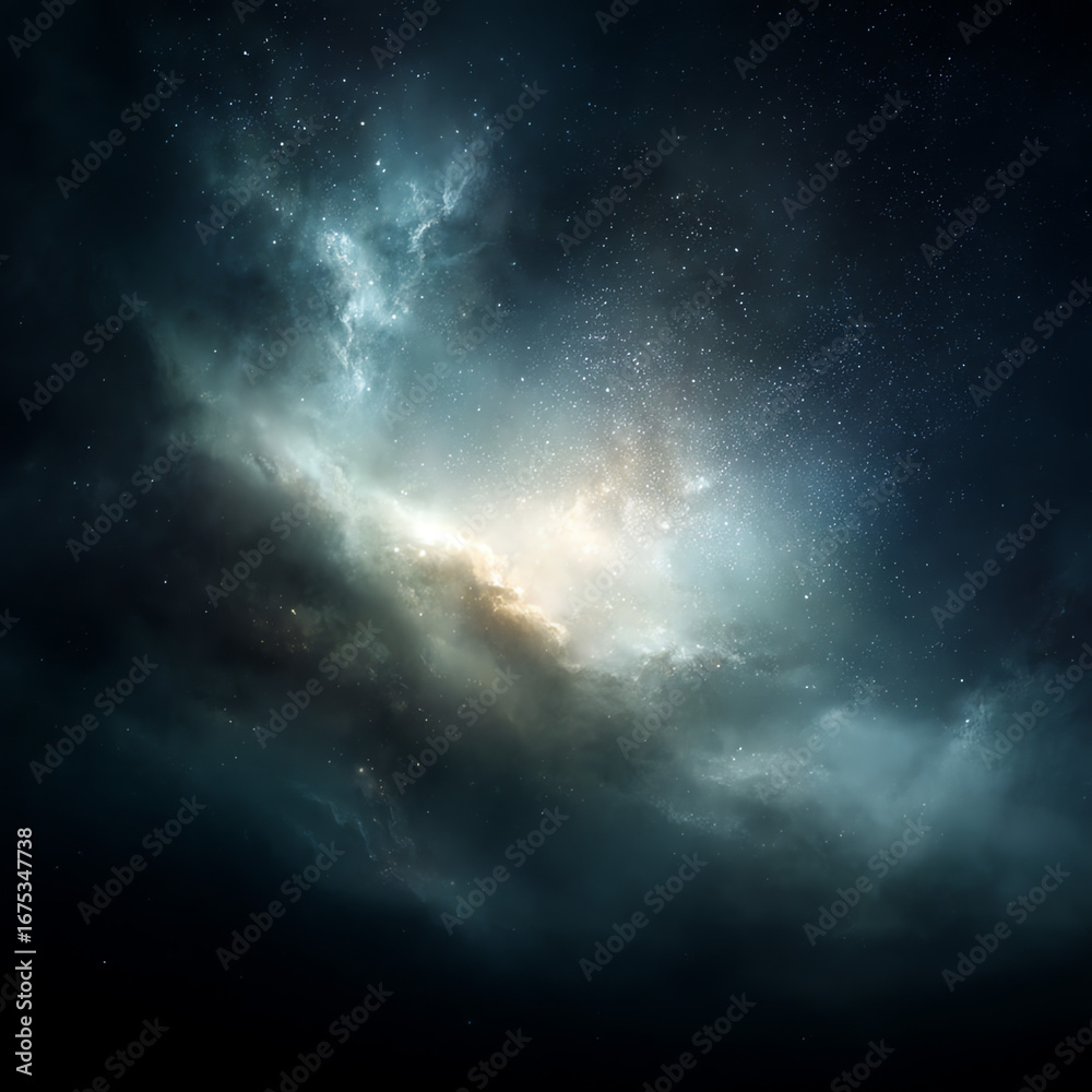 Fototapeta premium A stunning view of a bright galaxy surrounded by clouds of interstellar dust and numerous stars in deep space.