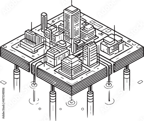 Isometric black and white line art drawing of a futuristic city on stilts urban architecture