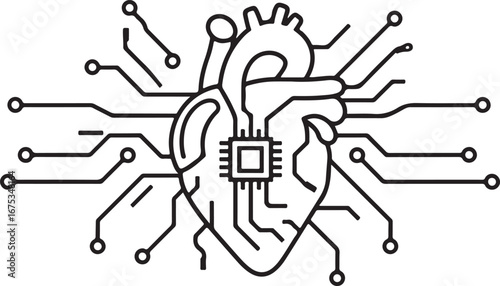 Black outline human heart with integrated circuit and data connections technology