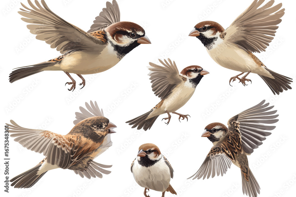 Obraz premium House sparrow bird captured in various dynamic poses displaying its unique characteristics and behaviors in natural settings