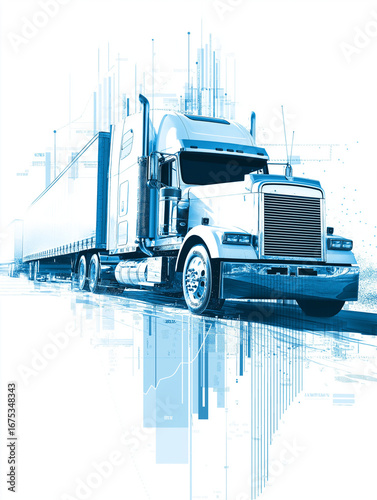 Freight trucks and transportation logistics concept in blue-toned data visualization art style