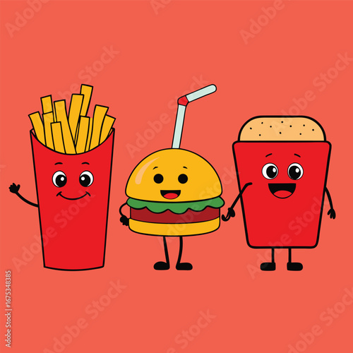 Vector art of cartoon fast food characters holding hands on red background illustration